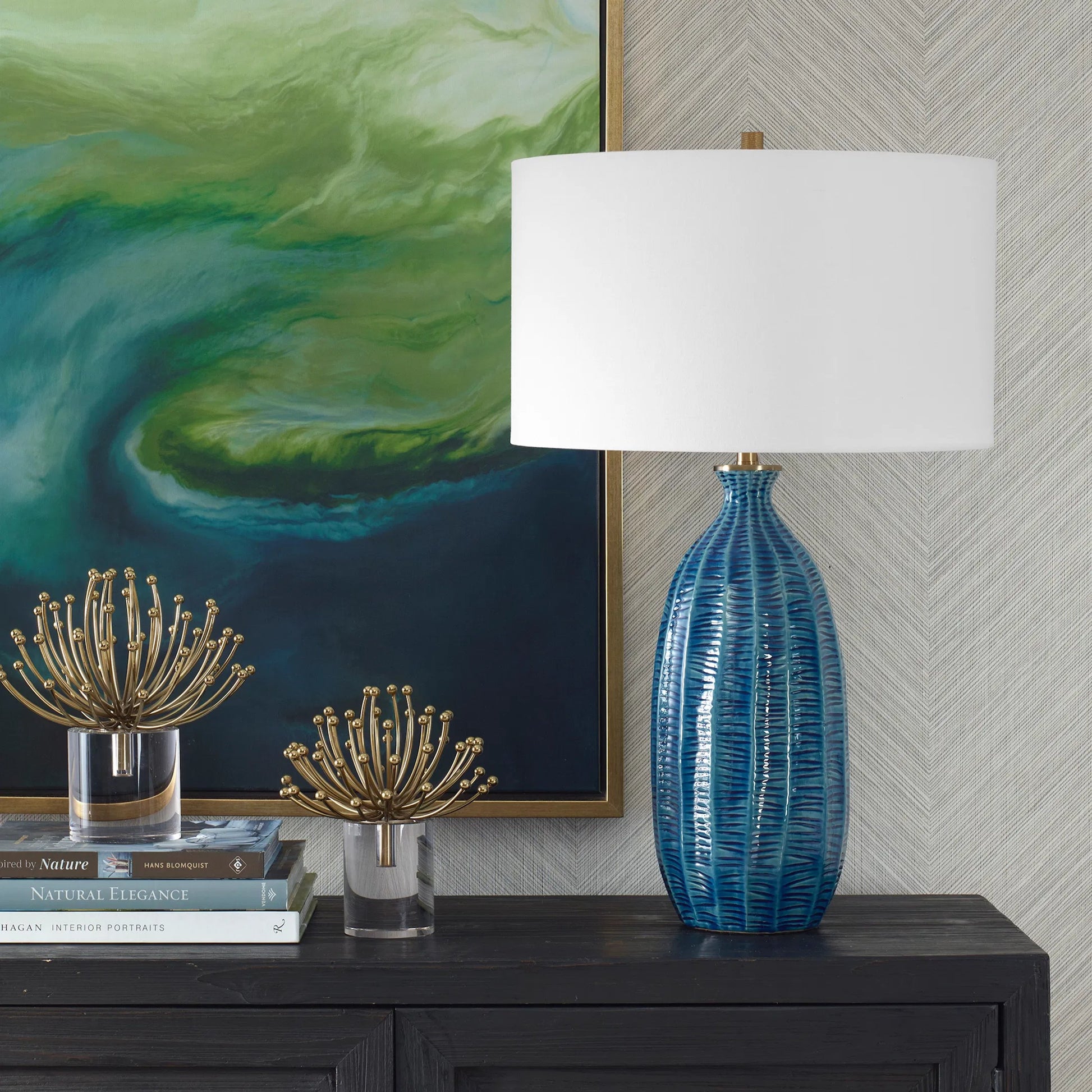 Bixby Table Lamp by Uttermost in brass. Made from ceramic, fabric, metal in a eclectic & global style.