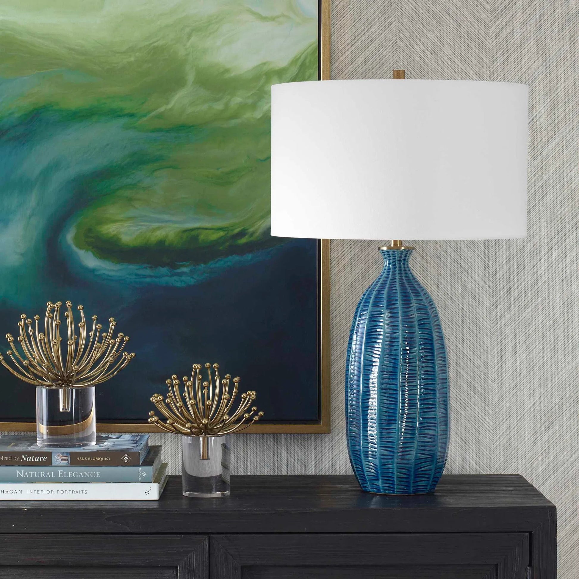 Bixby Table Lamp by Uttermost in brass. Made from ceramic, fabric, metal in a eclectic & global style.