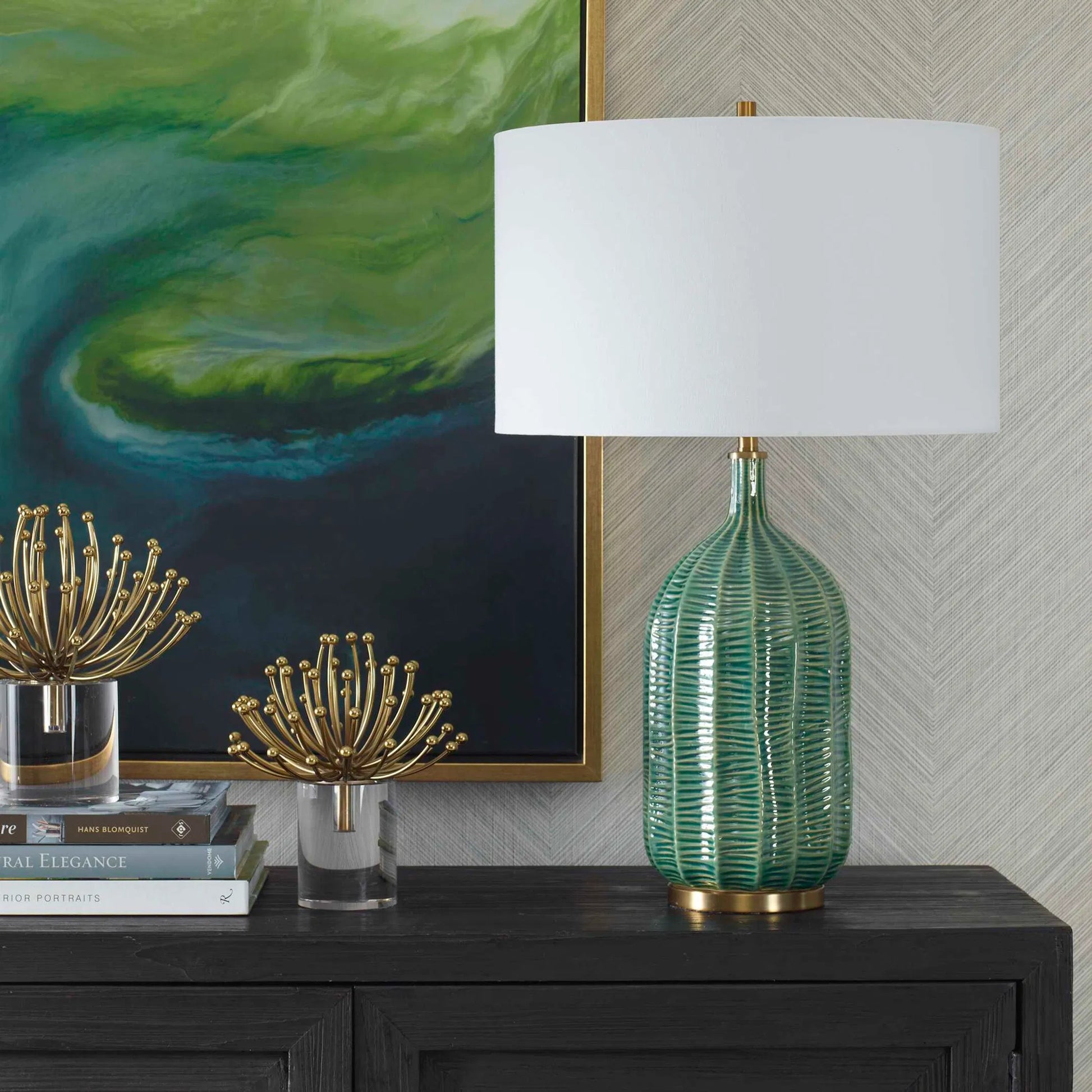 Bixby Table Lamp by Uttermost in brass. Made from ceramic, fabric, metal in a eclectic & global style.