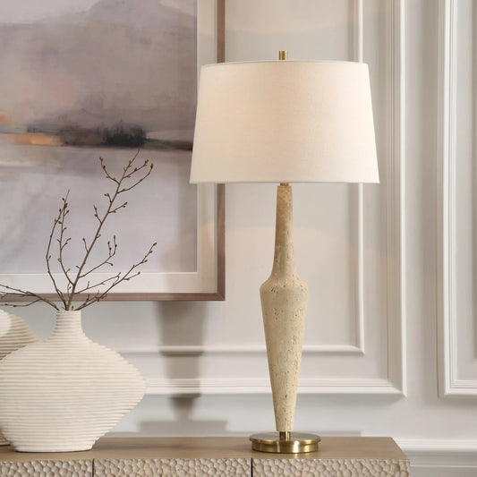 Juliet Travertine Table Lamp by Uttermost in brass. Made from steel, faux resin, fabric in a unique style.