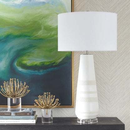 Santino Crackled Table Lamp by Uttermost in nickel. Made from ceramic, fabric, metal in a transitional style.