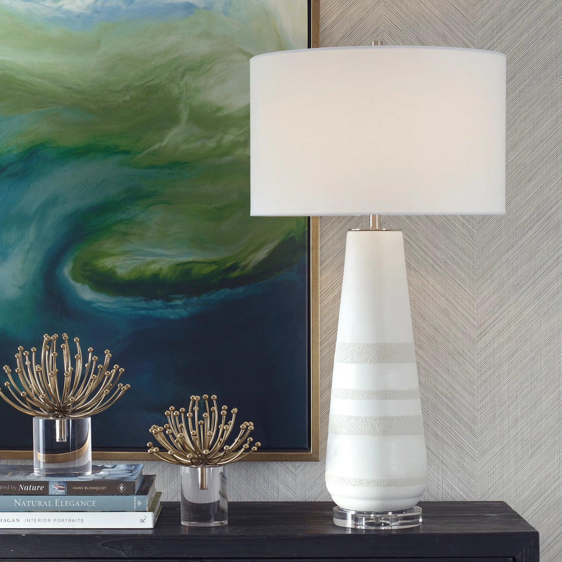 Santino Crackled Table Lamp by Uttermost in nickel. Made from ceramic, fabric, metal in a unique style.