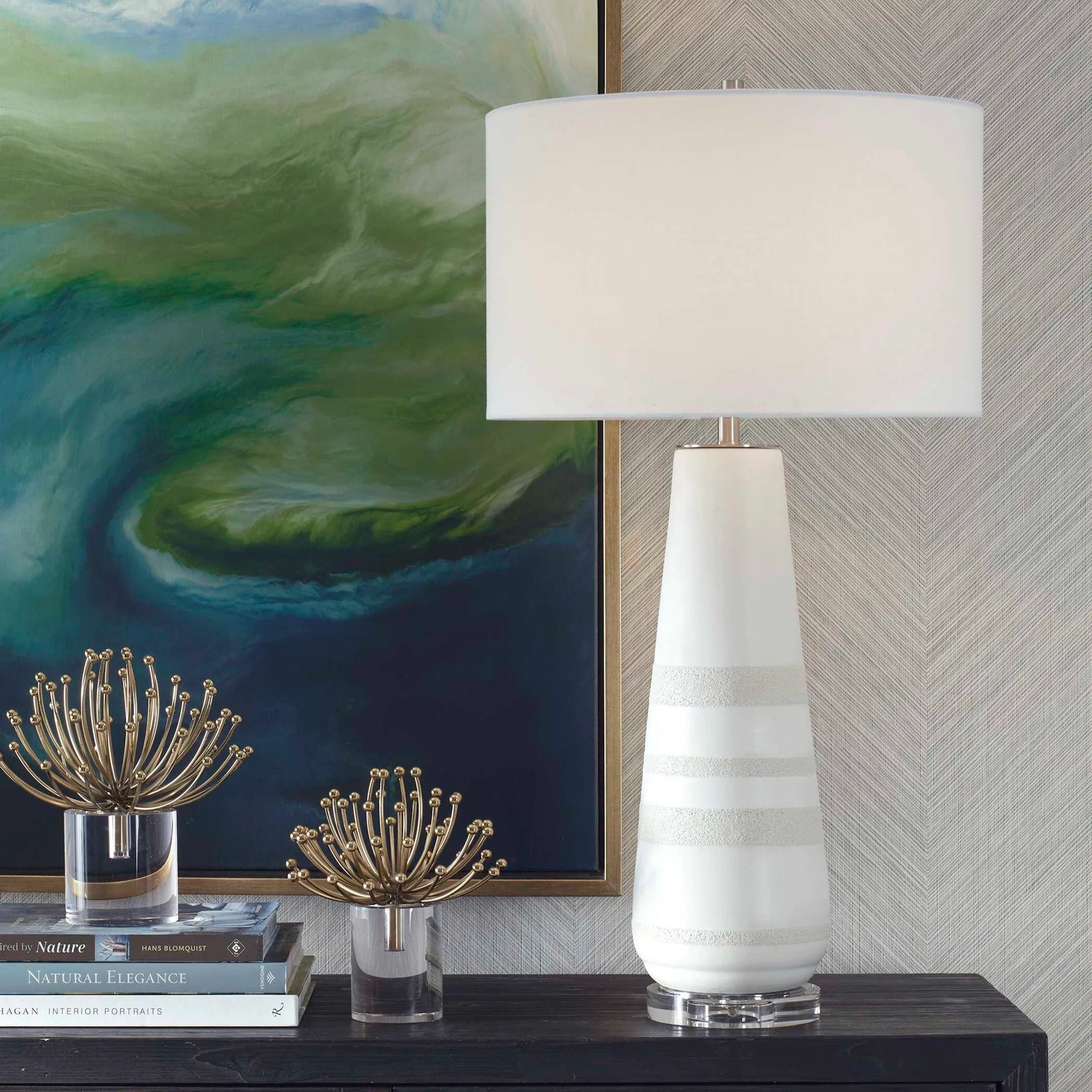 Santino Crackled Table Lamp by Uttermost in nickel. Made from ceramic, fabric, metal in a transitional style.