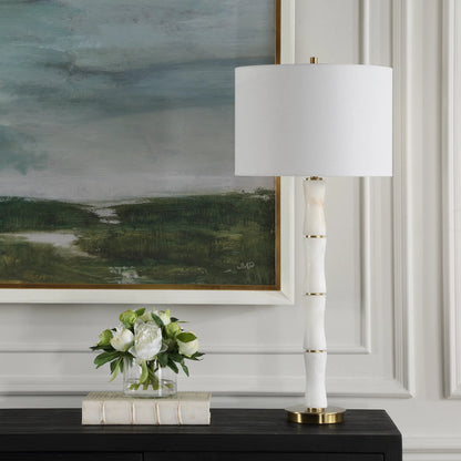 Unify Alabaster Table Lamp by Uttermost in brass. Made from alabaster, iron, fabric in a modern style.