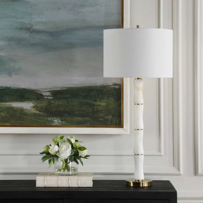 Unify Alabaster Table Lamp by Uttermost in brass. Made from alabaster, iron, fabric in a modern style.
