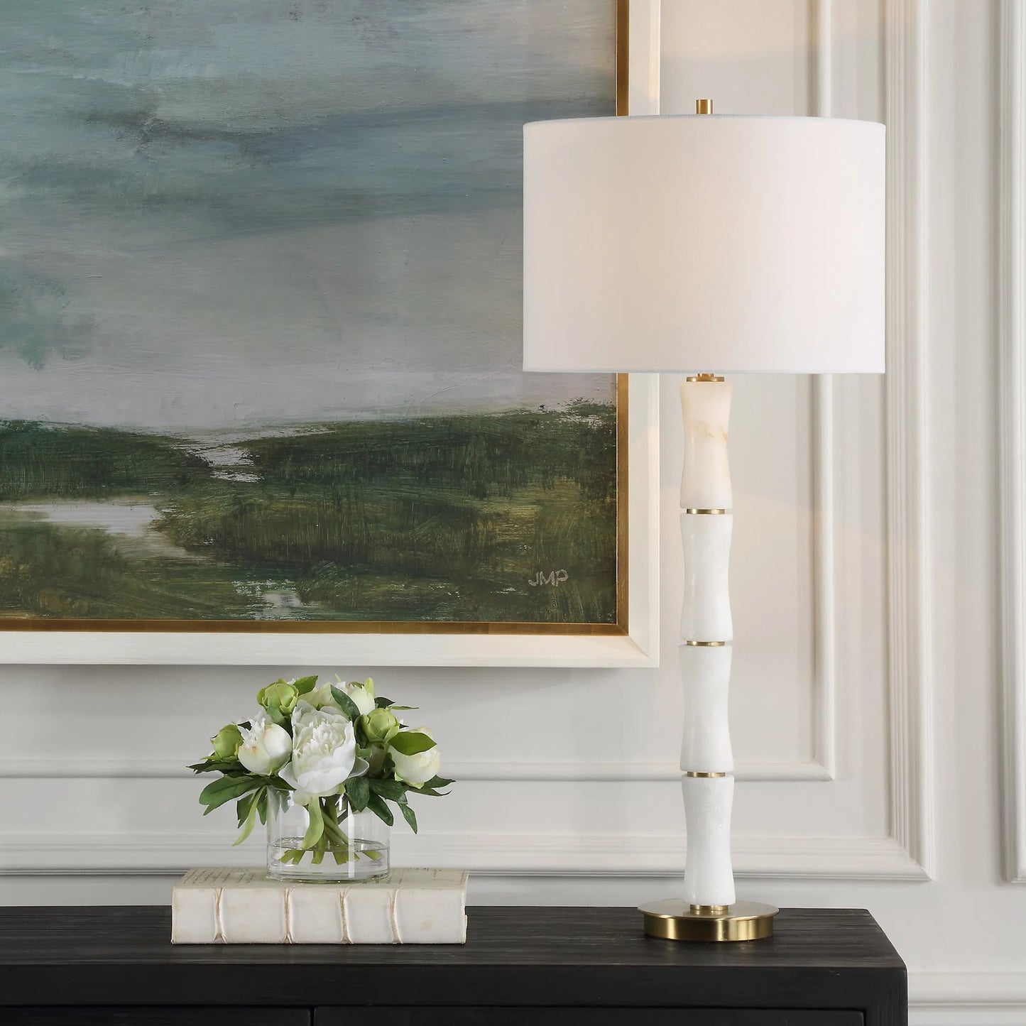 005 SI-2262391 | Lifestyle | Unify Alabaster Table Lamp by Uttermost in brass. Made from alabaster, iron, fabric in a modern style.