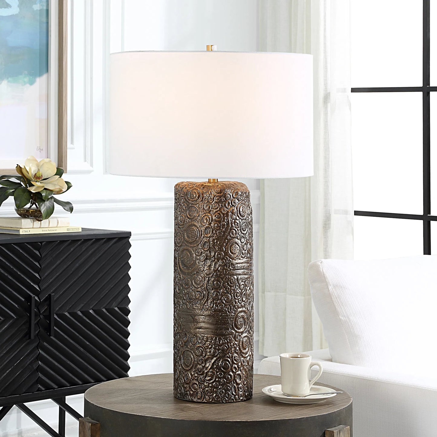 001 SI-2262398 | Lifestyle | Malaga Table Lamp by Uttermost in bronze. Made from ceramic, iron, fabric in a traditional style.
