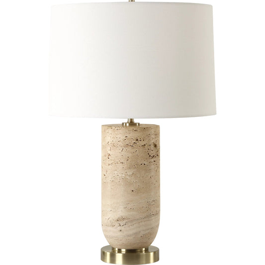 Aubrey Travertine Table Lamp by Uttermost in brass. Made from metal, marble, fabric in a unique style.