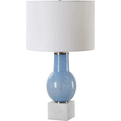Clear Sky Glass Table Lamp by Uttermost in nickel. Made from iron, glass, marble, linen in a eclectic & global style.