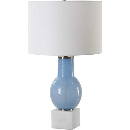 Clear Sky Glass Table Lamp by Uttermost in nickel. Made from iron, glass, marble, linen in a eclectic & global style.