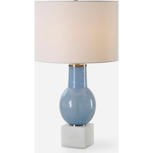 Clear Sky Glass Table Lamp by Uttermost in nickel. Made from iron, glass, marble, linen in a unique style.
