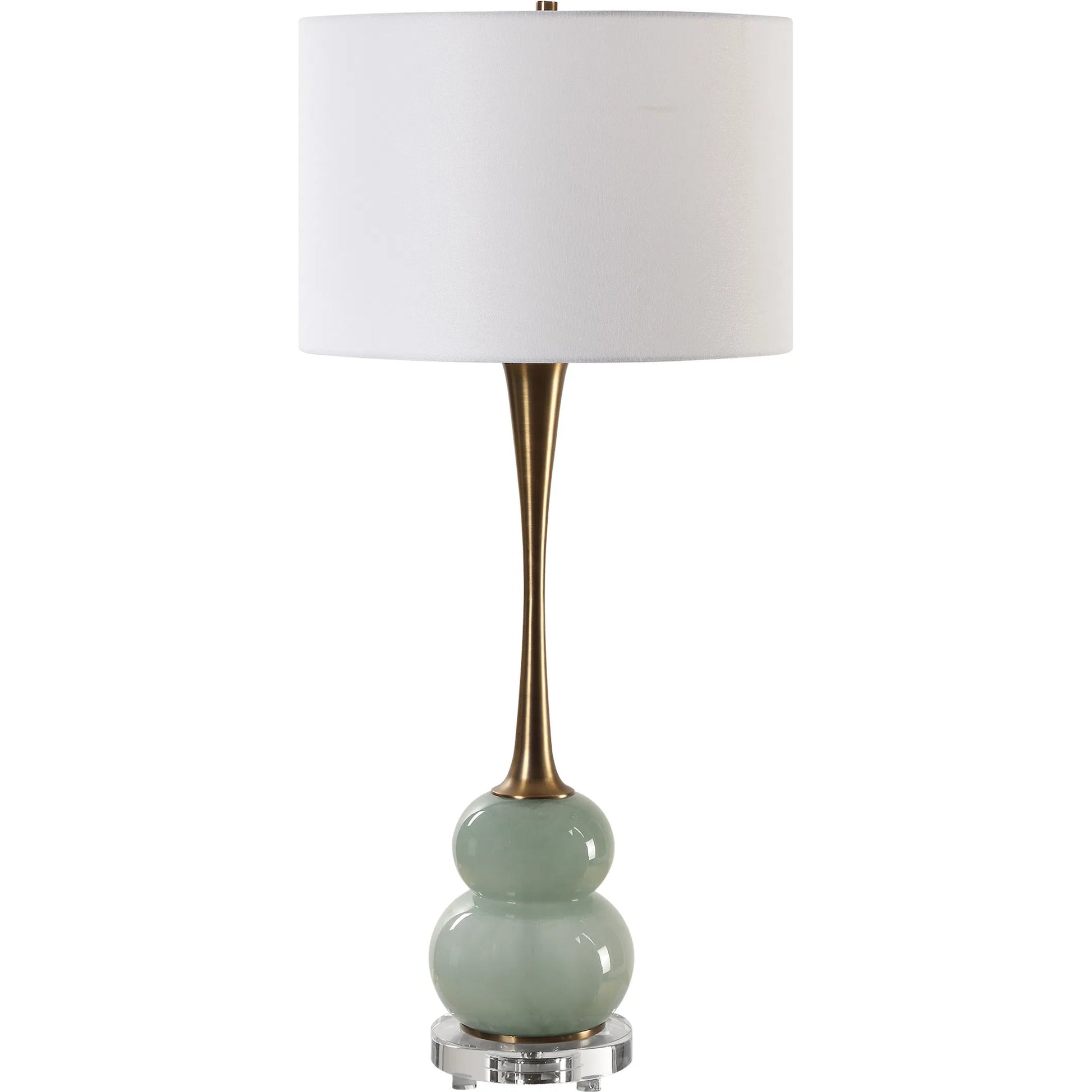 Sanctuary Table Lamp by Uttermost in brass. Made from iron, crystal, fabric, glass in a modern style.