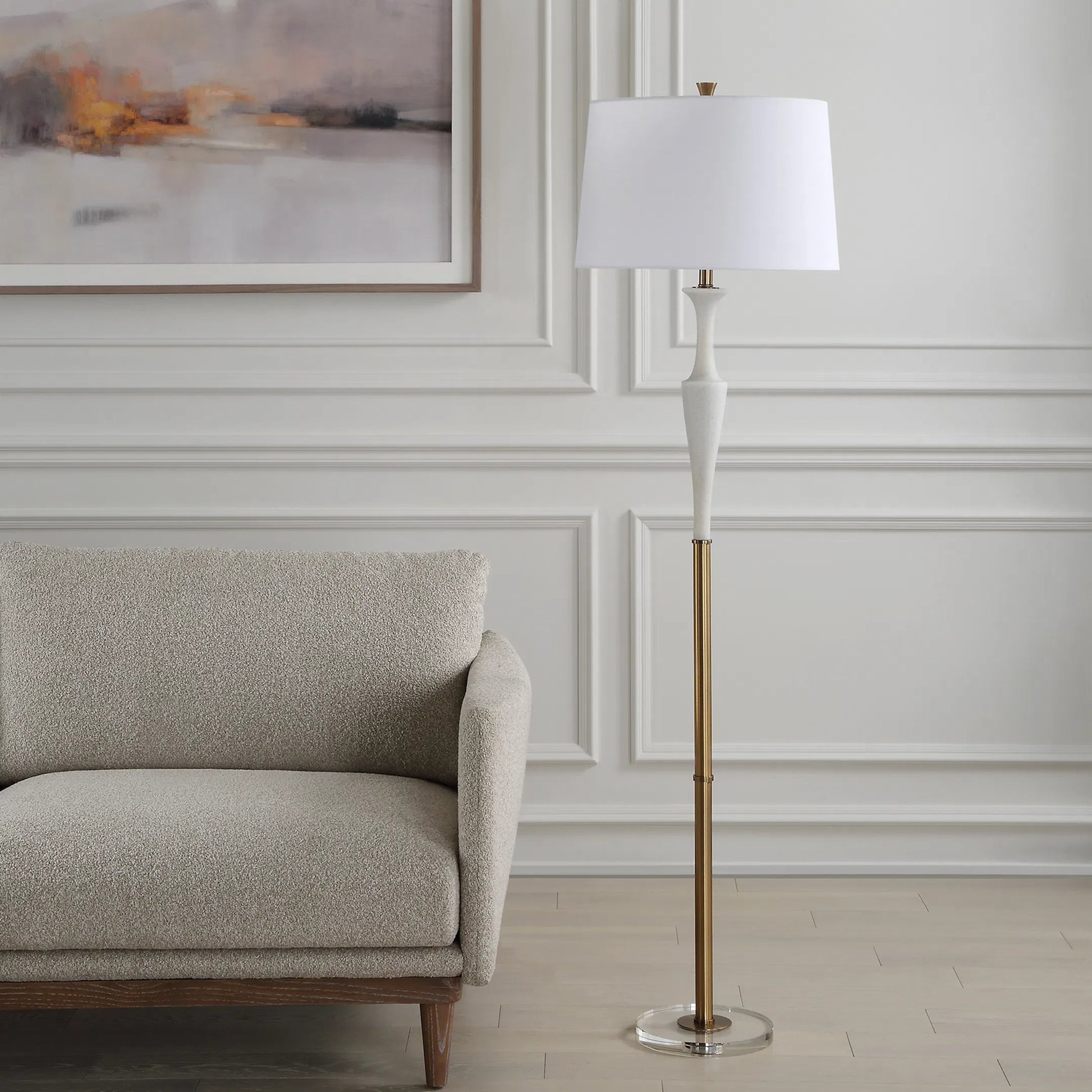 Colette Floor Lamp by Uttermost in brass. Made from iron, crystal, fabric, rice stone in a transitional style.