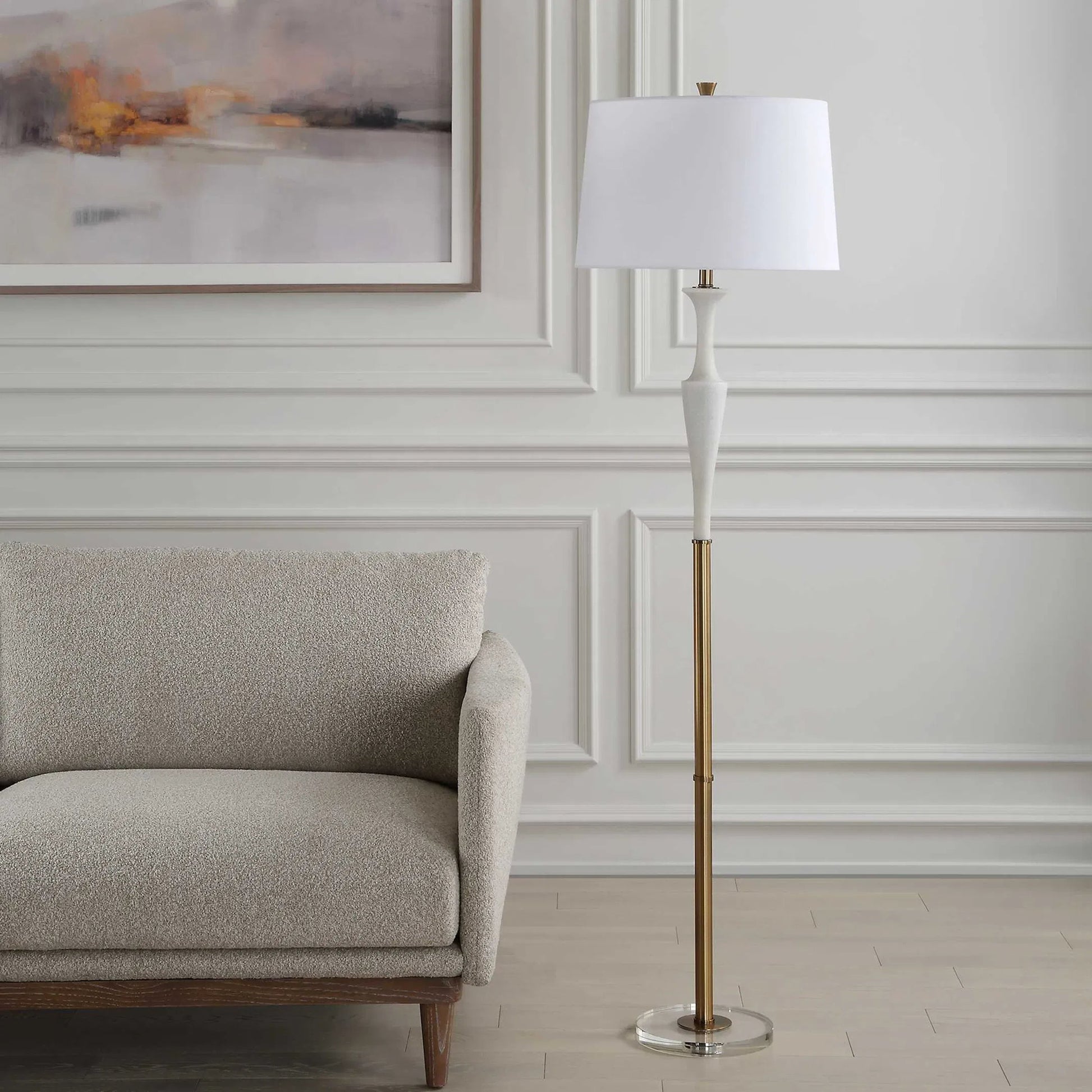 Colette Floor Lamp by Uttermost in brass. Made from iron, crystal, fabric, rice stone in a transitional style.