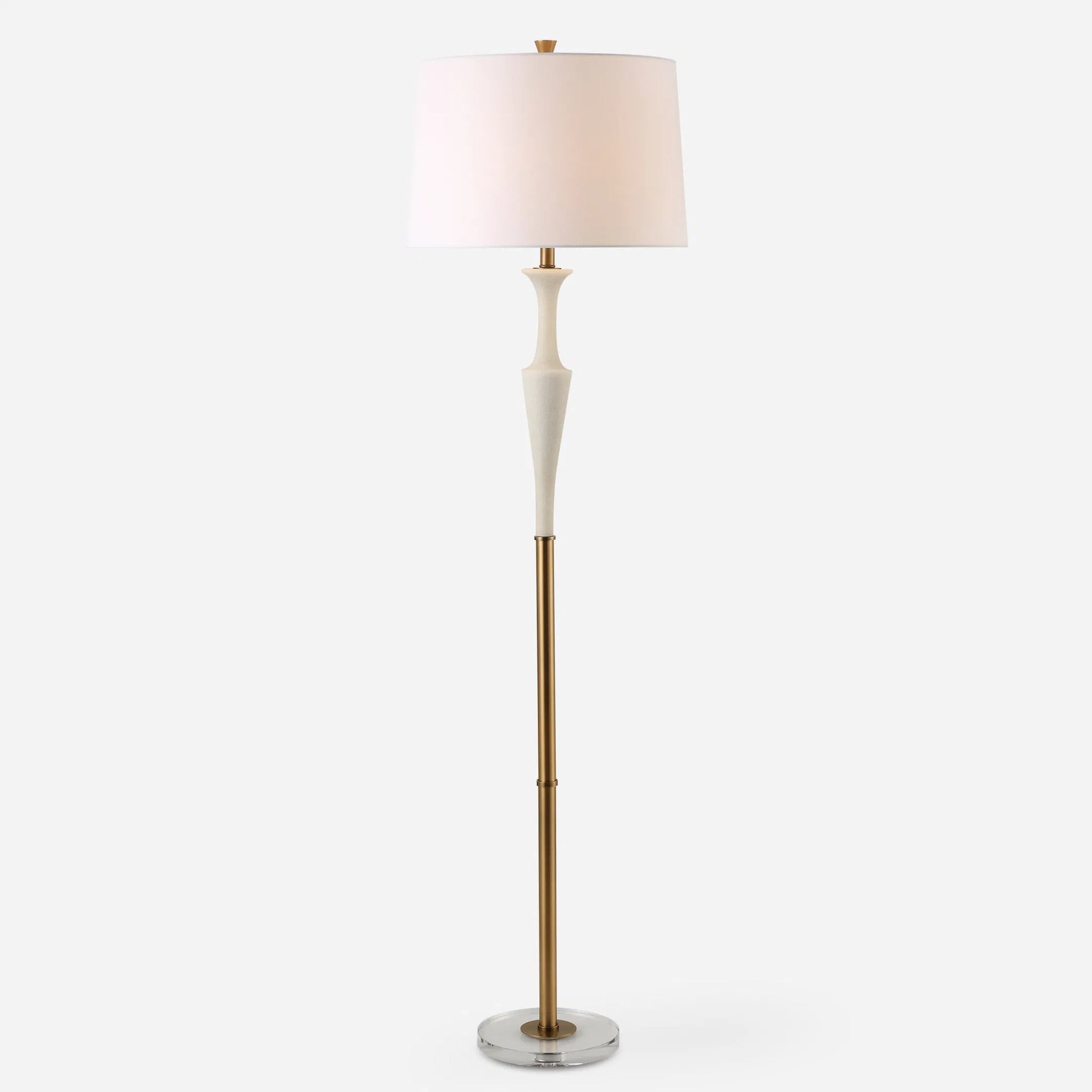 Colette Floor Lamp by Uttermost in brass. Made from iron, crystal, fabric, rice stone in a transitional style.