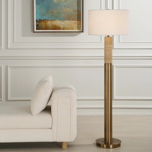 Knox Travertine Floor Lamp by Uttermost in brass. Made from metal, travertine in a unique style.