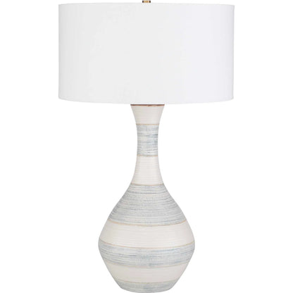 Potter Striped Table Lamp by Uttermost in blue. Made from ceramic, fabric, metal in a modern style.