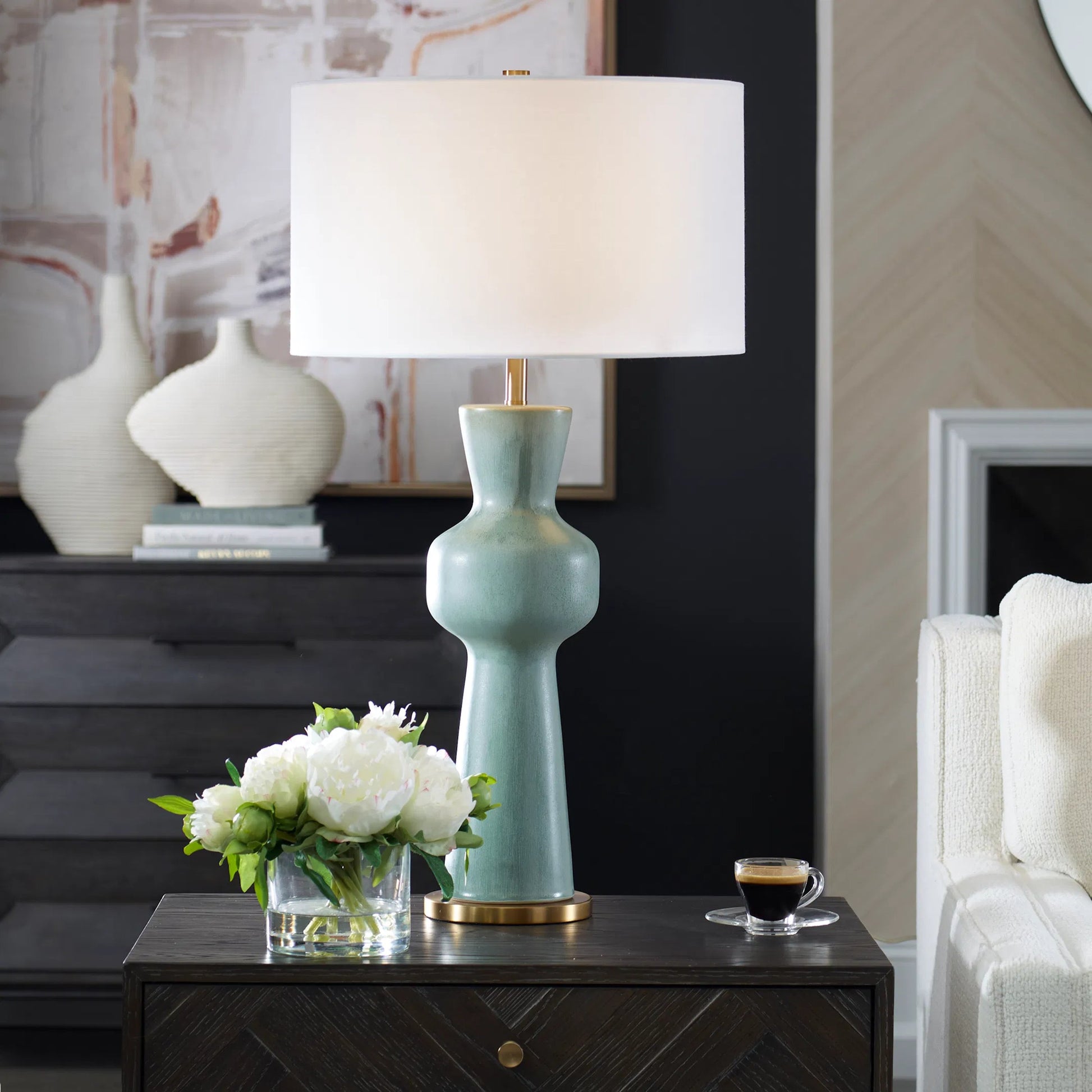 Pollard Slate Table Lamp by Uttermost in brass. Made from ceramic, fabric, metal in a eclectic & global style.