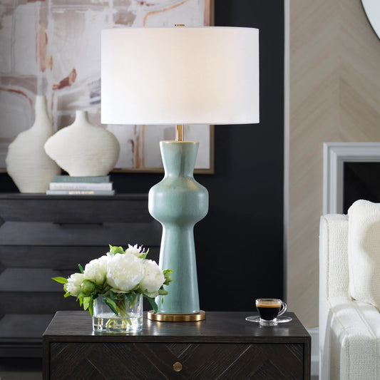 Pollard Slate Table Lamp by Uttermost in brass. Made from ceramic, fabric, metal in a unique style.