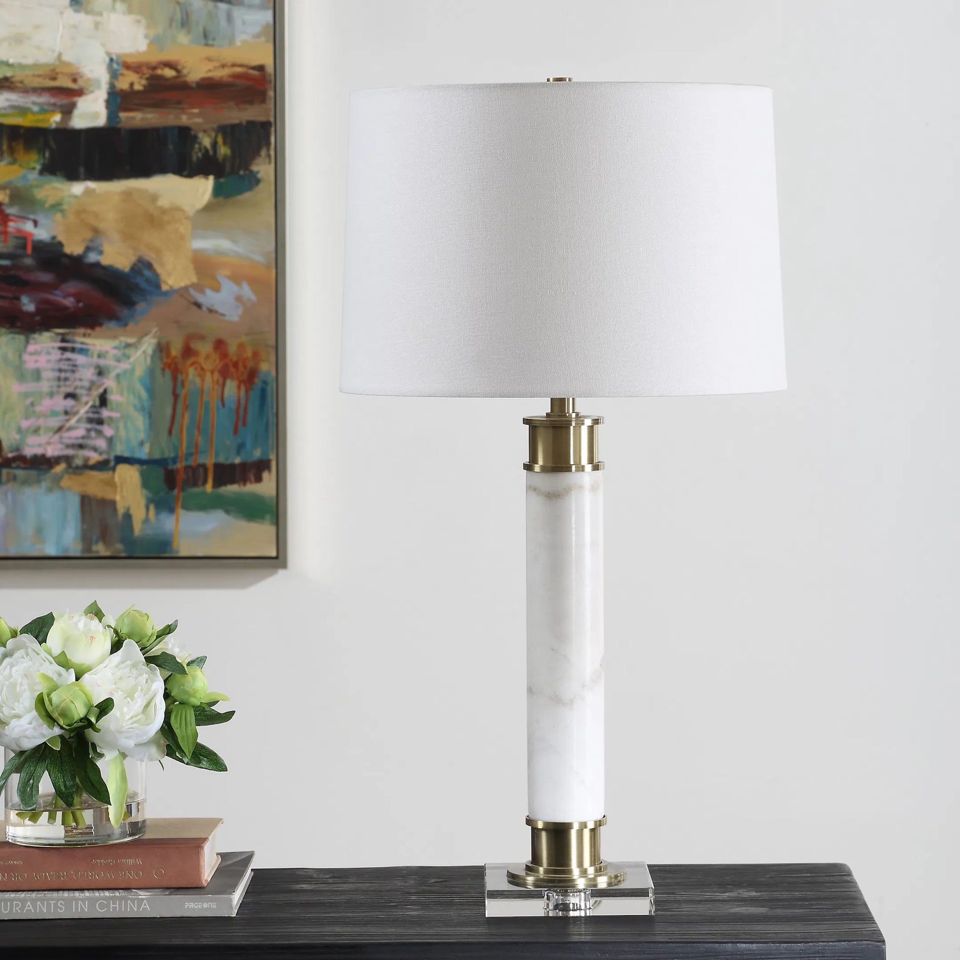 Plinth Table Lamp by Uttermost in brass. Made from metal, marble, crystal, fabric in a modern style.