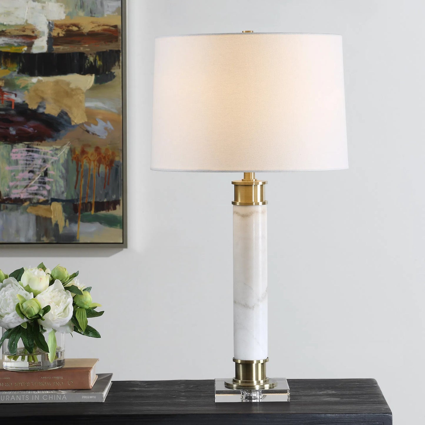 005 SI-2262434 | Lifestyle | Plinth Table Lamp by Uttermost in brass. Made from metal, marble, crystal, fabric in a modern style.