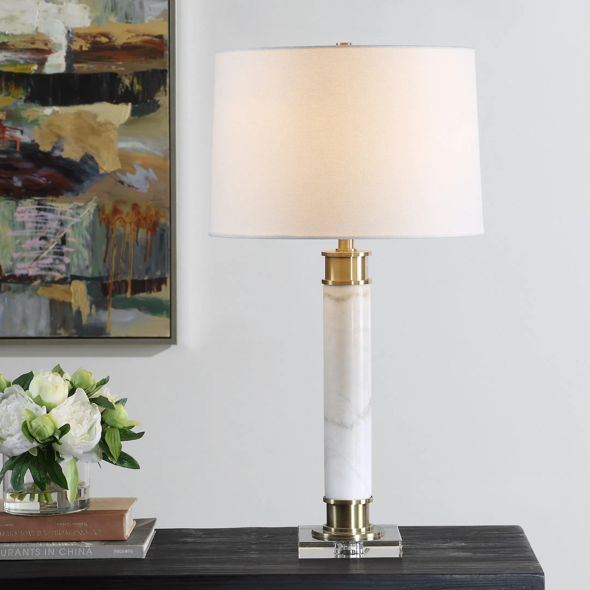 Plinth Table Lamp by Uttermost in brass. Made from metal, marble, crystal, fabric in a modern style.