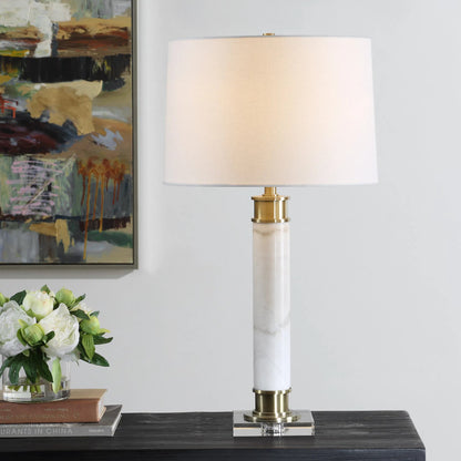 Plinth Table Lamp by Uttermost in brass. Made from metal, marble, crystal, fabric in a modern style.