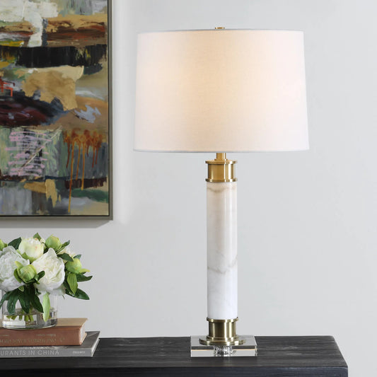 Plinth Table Lamp by Uttermost in brass. Made from metal, marble, crystal, fabric in a unique style.