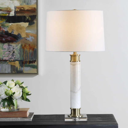 Plinth Table Lamp by Uttermost in brass. Made from metal, marble, crystal, fabric in a modern style.