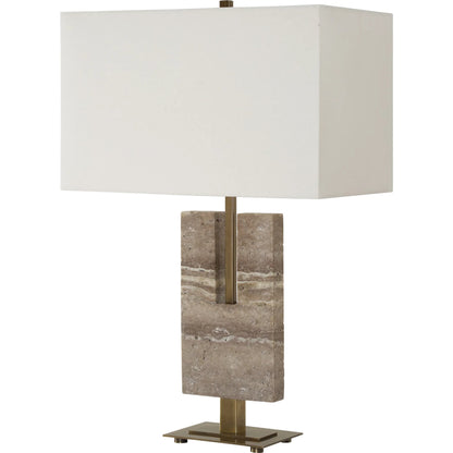 Turning Point Travertine Table Lamp by Uttermost in brass. Made from iron, travertine, fabric in a transitional style.