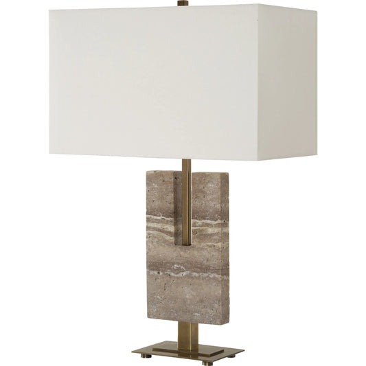 Turning Point Travertine Table Lamp by Uttermost in brass. Made from iron, travertine, fabric in a unique style.