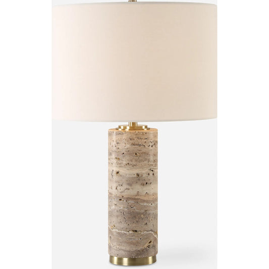 Cortado Travertine Table Lamp by Uttermost in brass. Made from iron, travertine, fabric in a unique style.