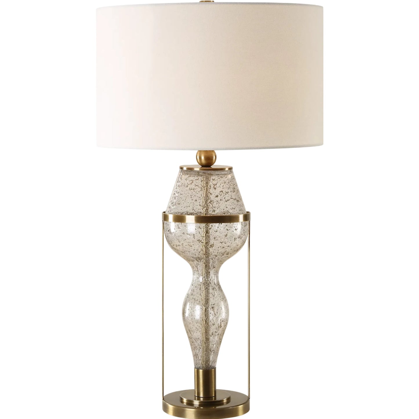 001 SI-2262438 | Primary Silo | Out of Time Seeded Glass Table Lamp by Uttermost in brass. Made from iron, glass, fabric in a modern style.