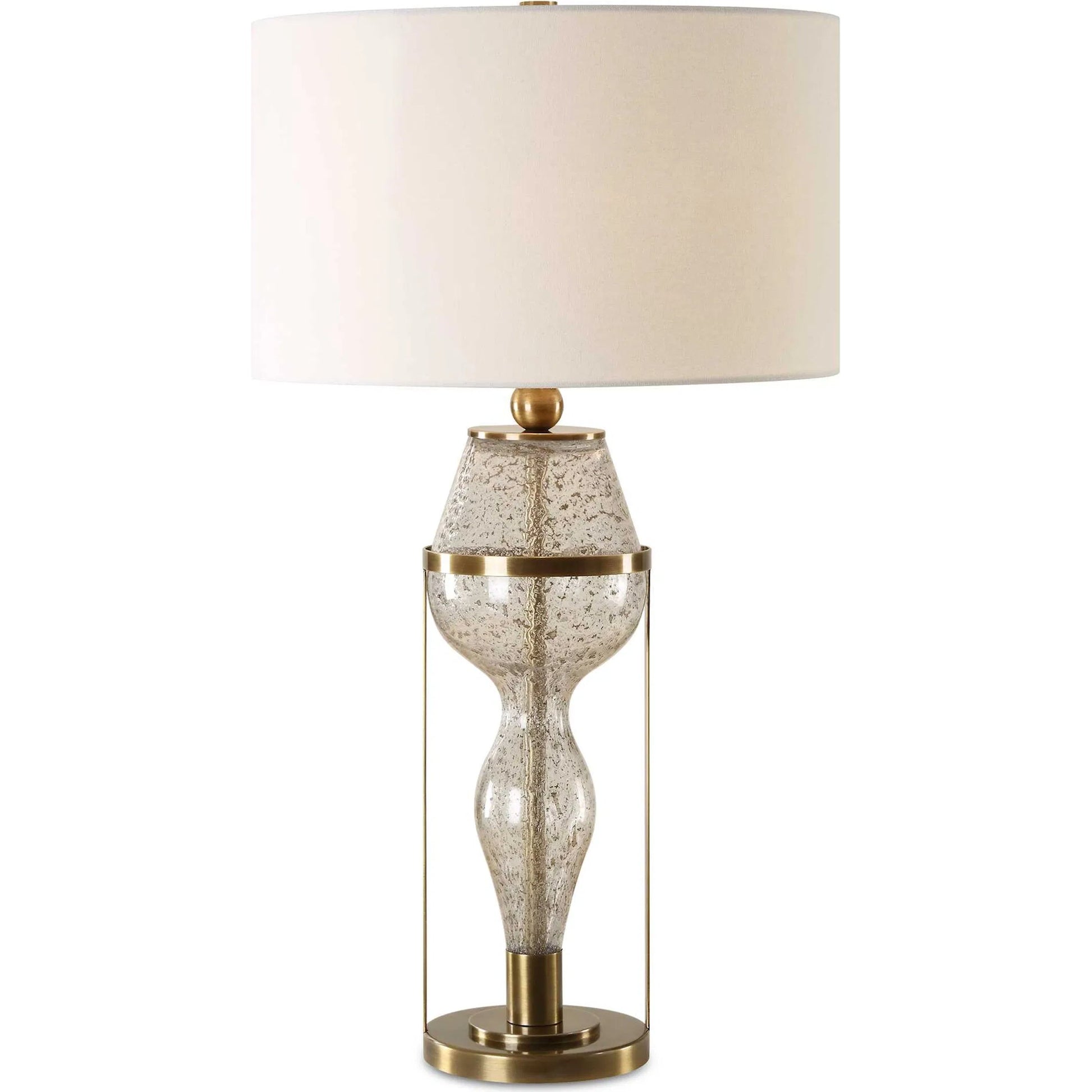 Out of Time Seeded Glass Table Lamp by Uttermost in brass. Made from iron, glass, fabric in a modern style.