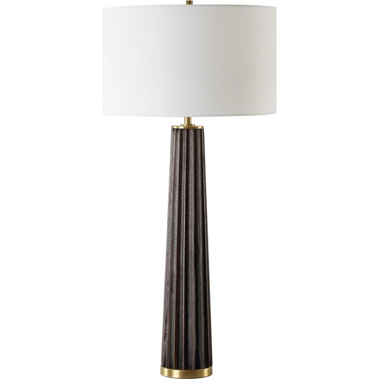 Forage Scalloped Table Lamp by Uttermost in dark. Made from metal, oak wood, fabric in a unique style.