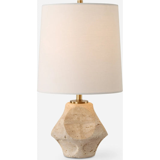 Indent Travertine Accent Lamp by Uttermost in brass. Made from iron, marble, fabric in a unique style.