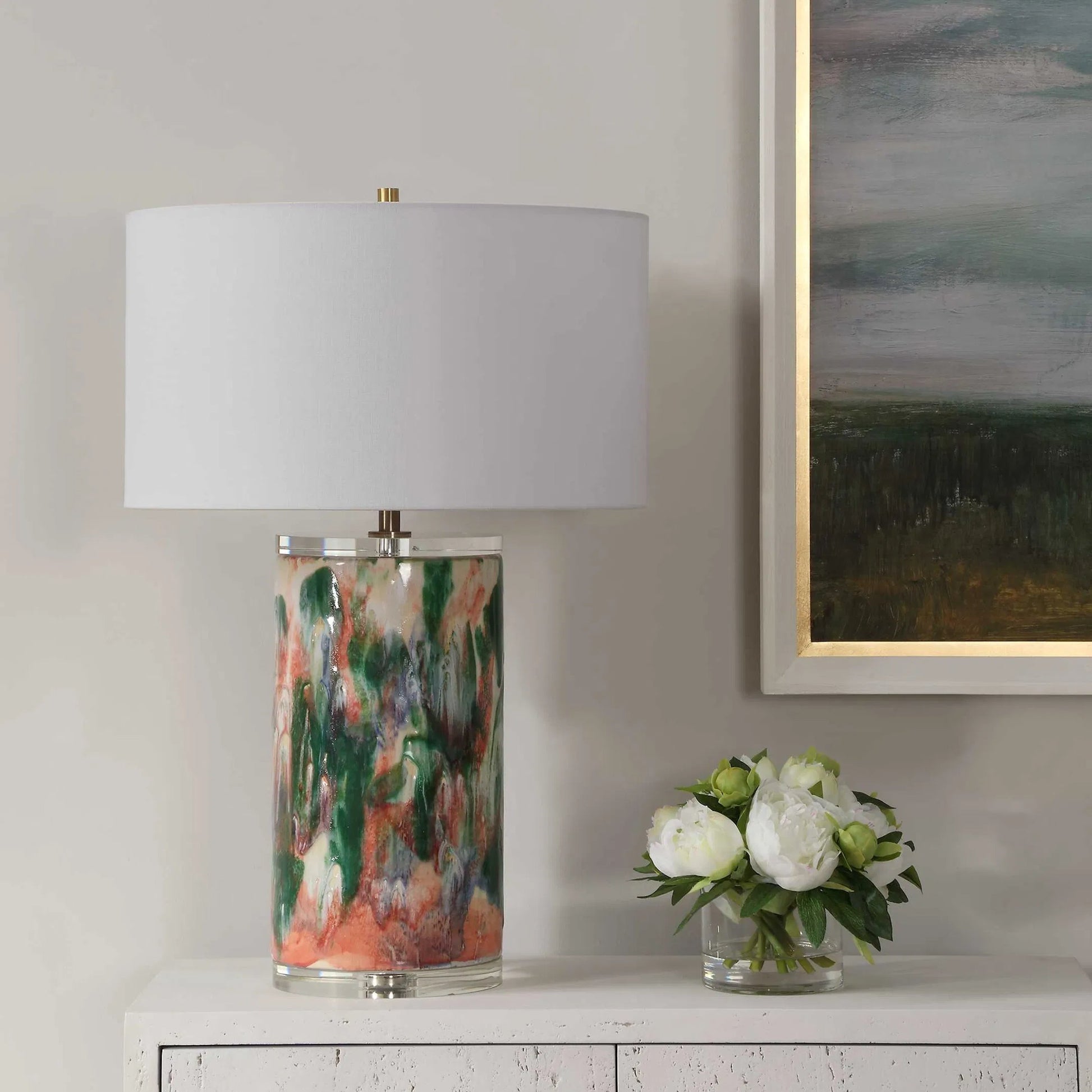 Verdant Multi-Colored Table Lamp by Uttermost in brass. Made from ceramic, crystal, iron, fabric in a eclectic & global style.