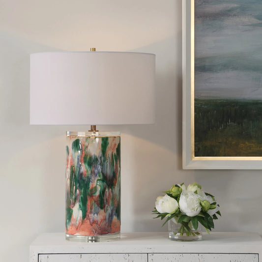 Verdant Multi-Colored Table Lamp by Uttermost in brass. Made from ceramic, crystal, iron, fabric in a unique style.