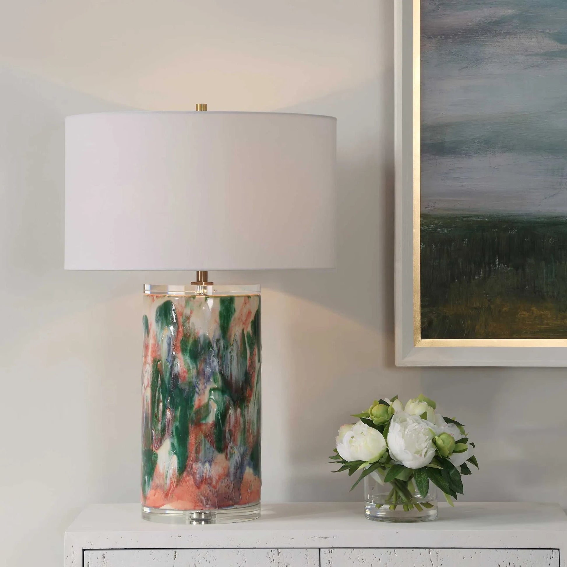 Verdant Multi-Colored Table Lamp by Uttermost in brass. Made from ceramic, crystal, iron, fabric in a eclectic & global style.