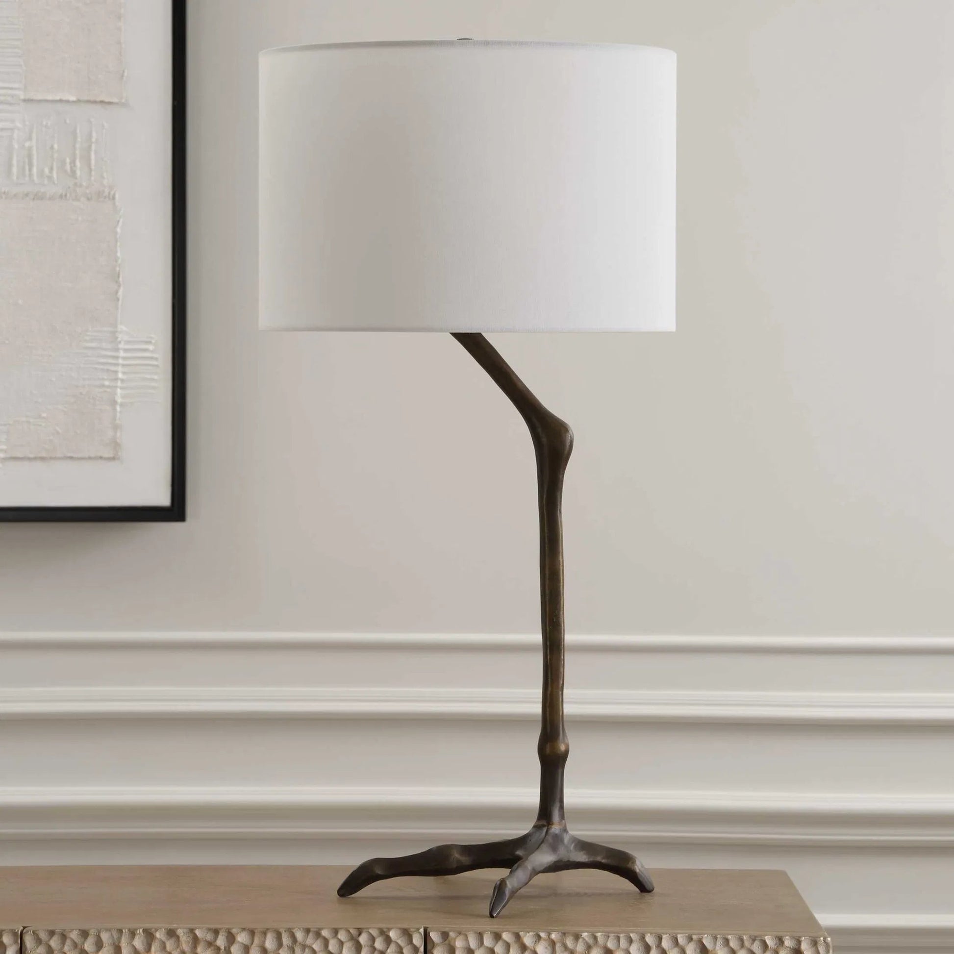 Perch Bird-Leg Table Lamp by Uttermost in bronze. Made from ceramic, casting iron, fabric in a cottage & farmhouse style.