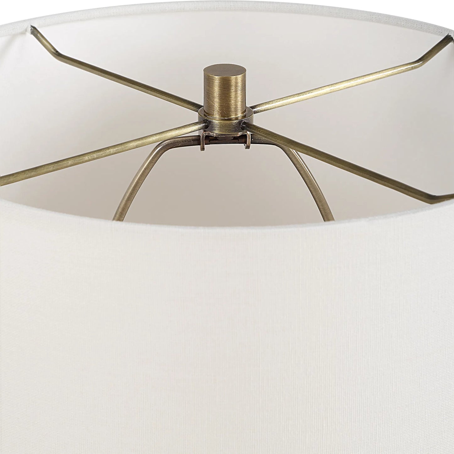 004 SI-2262401 | Closeup | Abyss Table Lamp by Uttermost in brass. Made from iron, ceramic, fabric in a modern style.