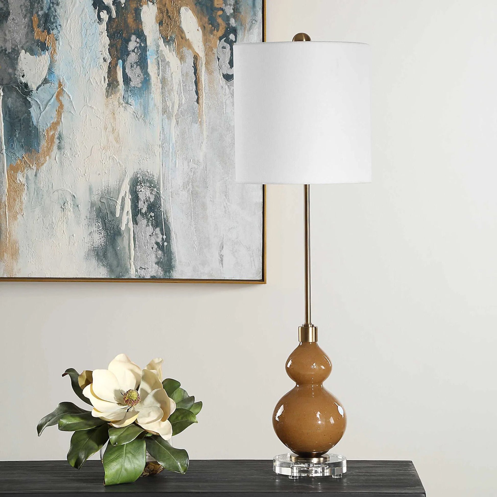 Sienna Caramel Glass Buffet Lamp by Uttermost in brass. Made from iron, crystal, fabric, glass in a unique style.