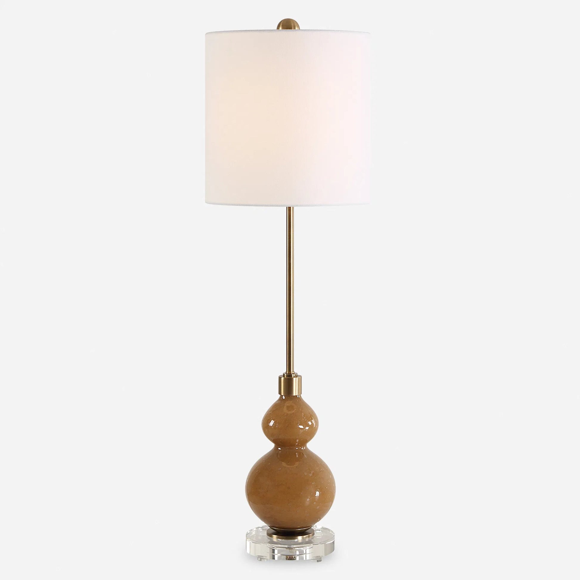 Sienna Caramel Glass Buffet Lamp by Uttermost in brass. Made from iron, crystal, fabric, glass in a unique style.