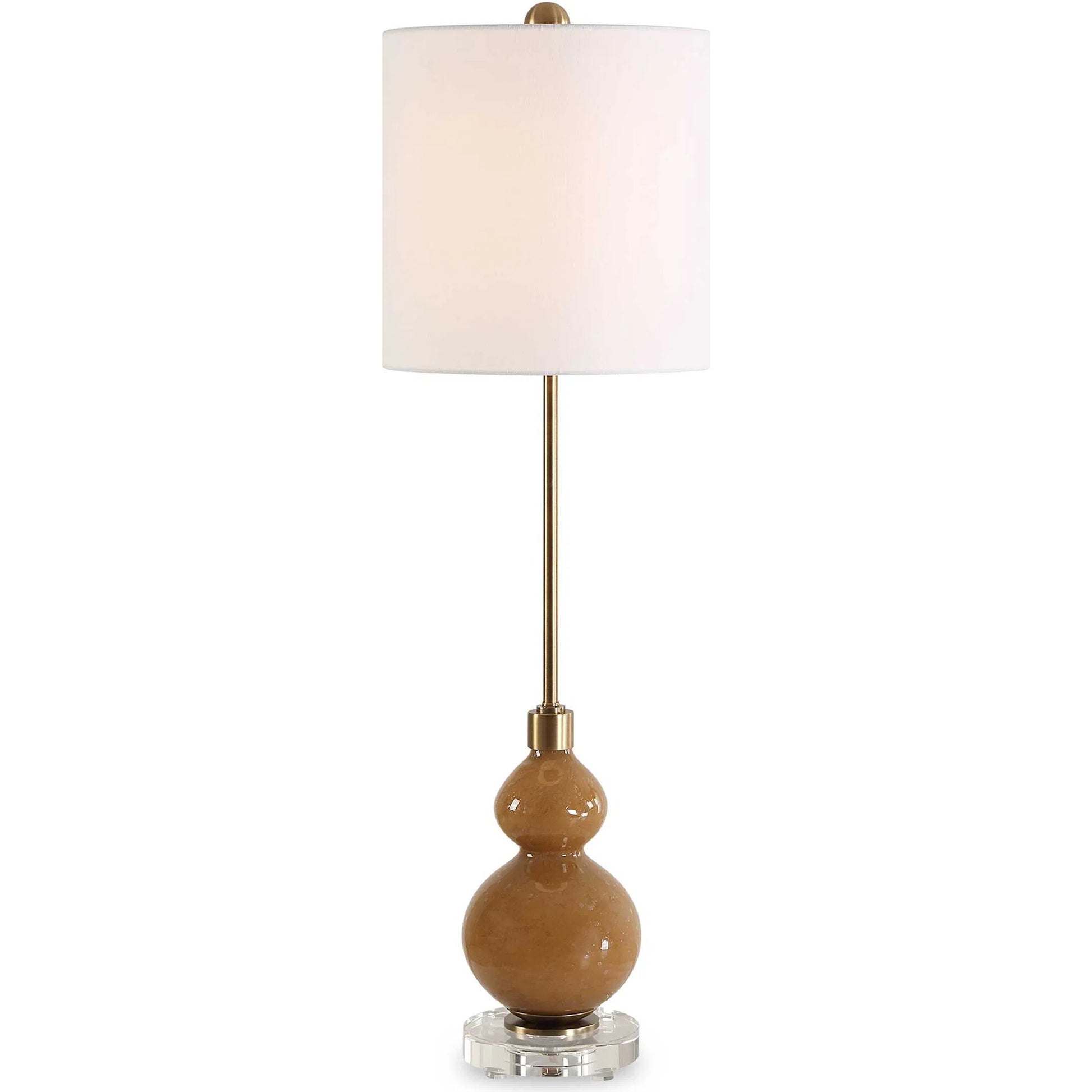 Sienna Caramel Glass Buffet Lamp by Uttermost in brass. Made from iron, crystal, fabric, glass in a unique style.