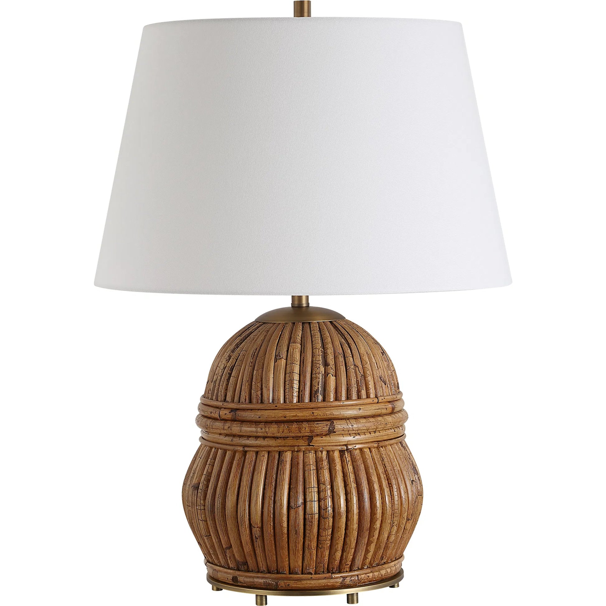 Reed Honey Rattan Table Lamp by Uttermost in brass. Made from steel, rattan, fabric in a rustic style.