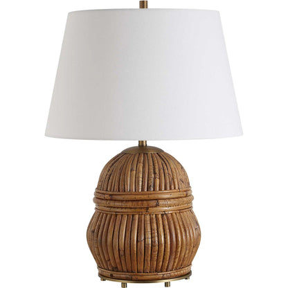 Reed Honey Rattan Table Lamp by Uttermost in brass. Made from steel, rattan, fabric in a rustic style.