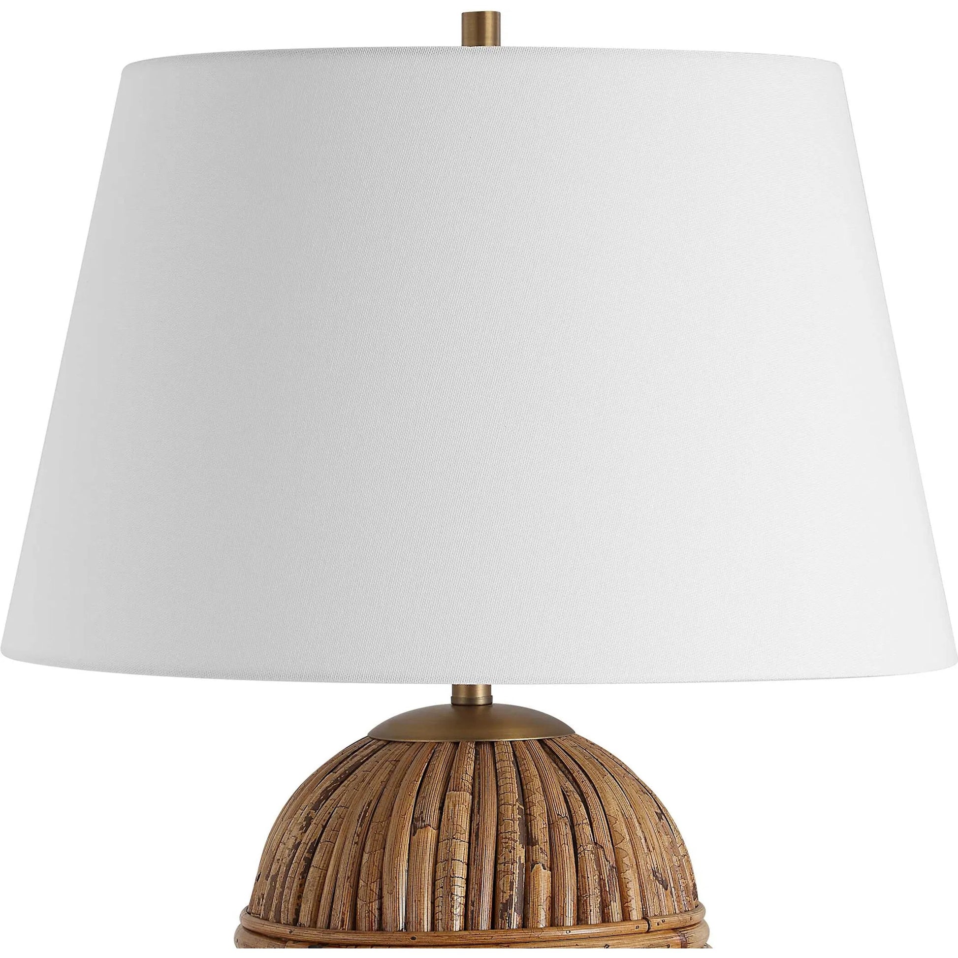 Reed Honey Rattan Table Lamp by Uttermost in brass. Made from steel, rattan, fabric in a rustic style.