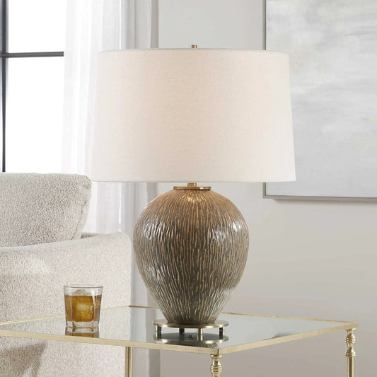 Rya Ceramic Table Lamp by Uttermost in brown, brass. Made from steel, ceramic, fabric in a unique style.