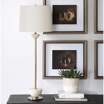 Hemisphere Buffet Lamp by Uttermost in brass. Made from travertine stone, metal, fabric in a transitional style.