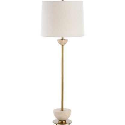 Hemisphere Buffet Lamp by Uttermost in brass. Made from travertine stone, metal, fabric in a transitional style.